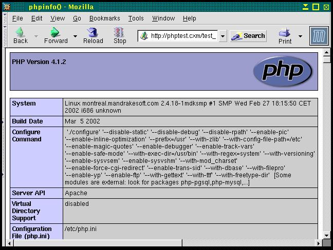 Screenshot of the phpinfo screen